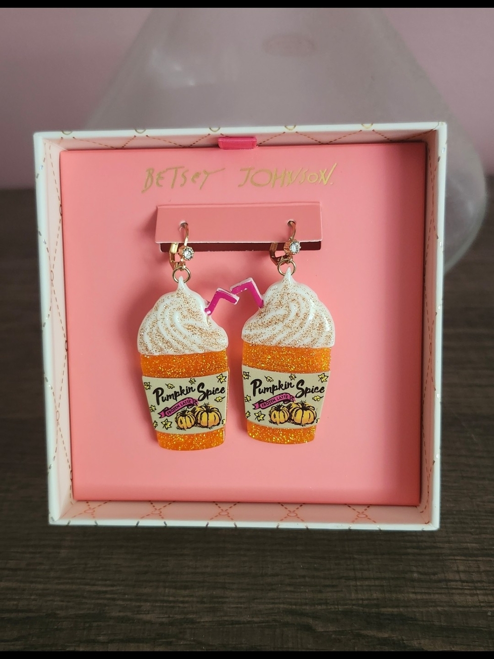 Pumpkin Spice Cup Frappe Drop Earrings - Gold & White - Picture 4 of 5